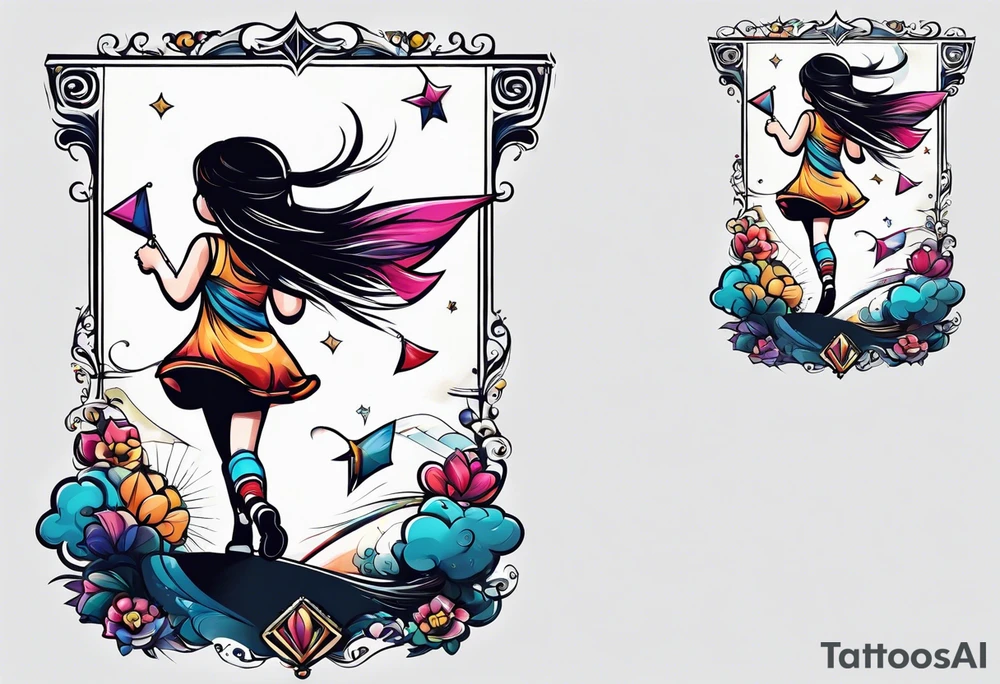 back image of a little girl flying a kite tattoo idea