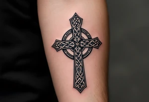 A Celtic cross with sharp, geometric edges, blending traditional design with modern minimalism. tattoo idea