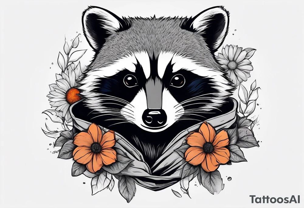 raccoon wearing a Superman hoodie with orange flowers tattoo idea