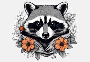 raccoon wearing a Superman hoodie with orange flowers tattoo idea