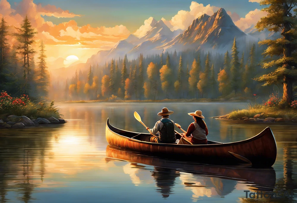 The tattoo design depicts a serene nature scene, framed within a semi-circular border. In the foreground, there are two people sitting in a canoe on a calm lake. They are paddling towards the horizon, with one person sitting at the back of the canoe and the other at the front. The back view of the people suggests a peaceful and contemplative moment shared between them.

In the background, there are majestic mountains with peaks covered in snow, creating a dramatic and picturesque landscape. The mountains are flanked by tall pine trees on either side, adding to the wilderness feel of the scene. Above the mountains, a large sun is either rising or setting, casting a tranquil glow over the entire scene. Birds are flying in the sky, adding to the sense of freedom and natural beauty.

The entire scene is rendered in a minimalist, black and white, line-drawing style, giving it a clean and elegant appearance. The semi-circular frame around the design focuses attention on the central elements and adds a sense of completeness to the image. tattoo idea