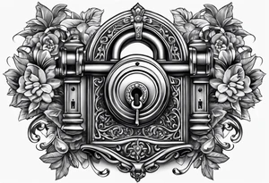 Antique lock sarounded by different jewels tattoo idea