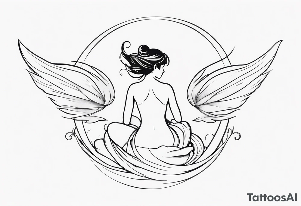 Minimalistic, monochromatic fairy with a tail flying to the left in a fetal position, leaning and looking in the same direction, with visible hands, embodying the 'Fairy Tail' logo aesthetic. tattoo idea