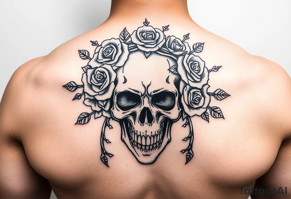 ornate skull adorned with crown of wild roses and thorns tattoo idea