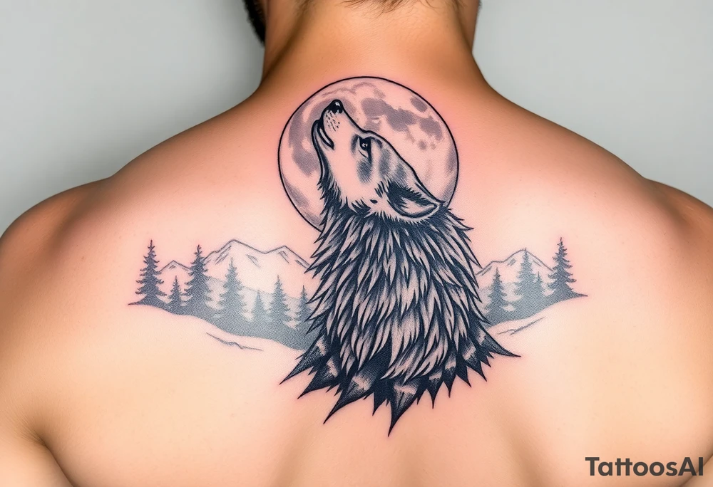 lone wolf howling at full moon with northern lights backdrop tattoo idea
