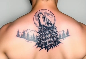 lone wolf howling at full moon with northern lights backdrop tattoo idea