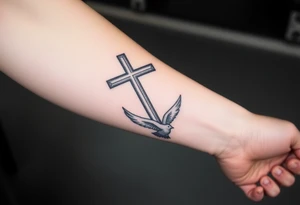 Big cross with clouds in the back with a dove a the bottom left of the forearm with a blue circle around it and the number 4 to the of the dove. tattoo idea