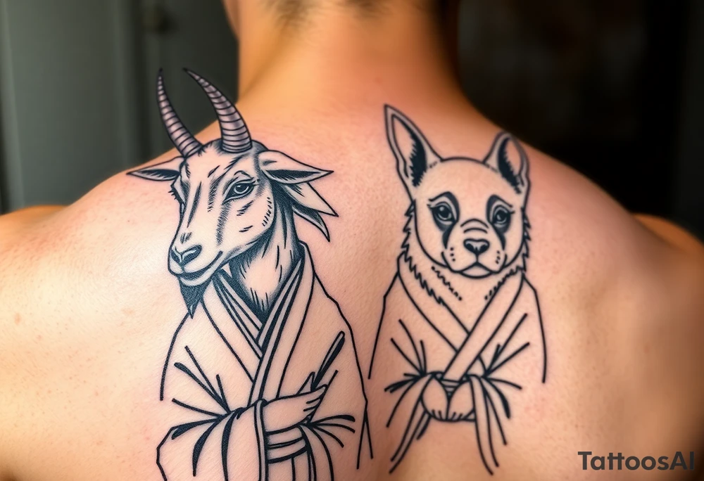 Feminine goat and dog dressed up as geisha warriors tattoo idea