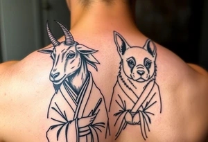 Feminine goat and dog dressed up as geisha warriors tattoo idea