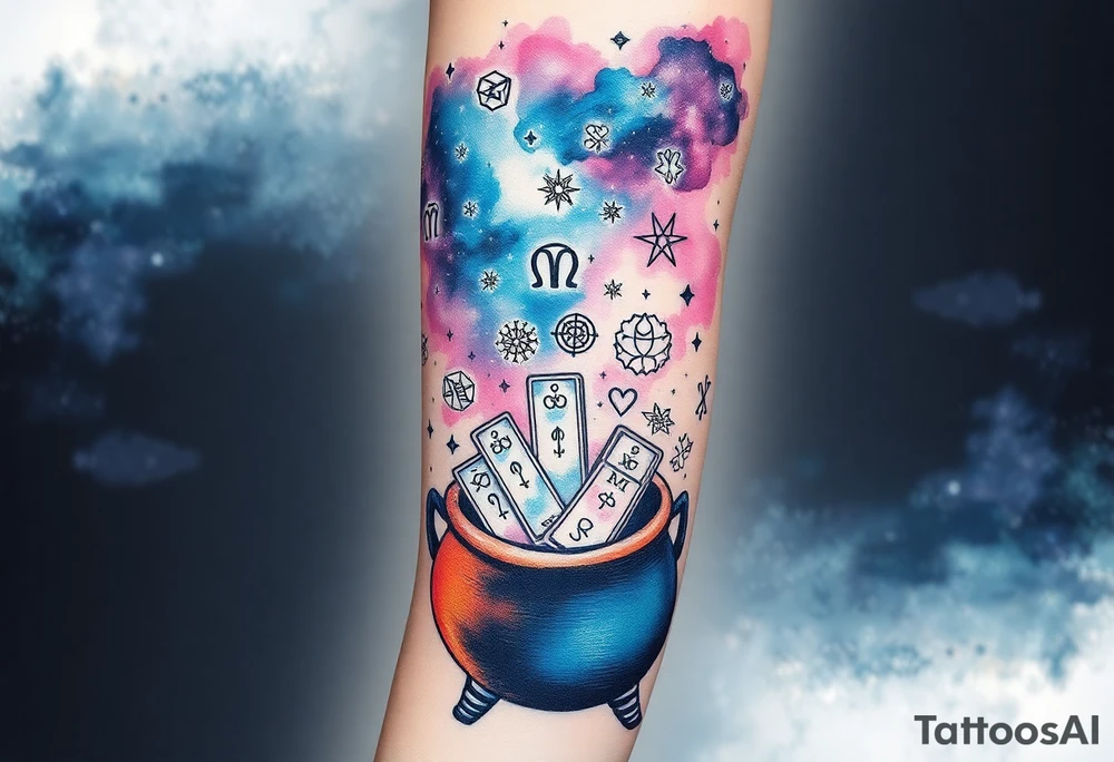 Milky way filled with zodiac symbols runes tarot cards coming out of a cauldron tattoo idea