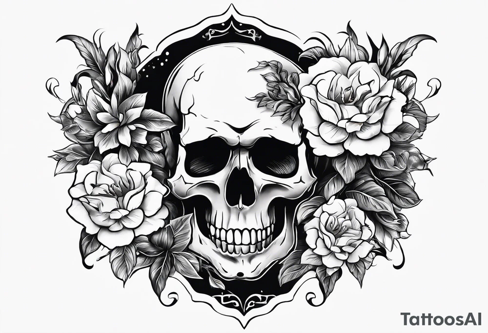 neck tattoo stencil of skull and flowers about pain and struggle in new scholl or polka trash style tattoo idea