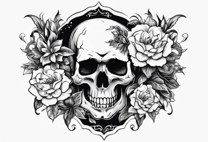 neck tattoo stencil of skull and flowers about pain and struggle in new scholl or polka trash style tattoo idea