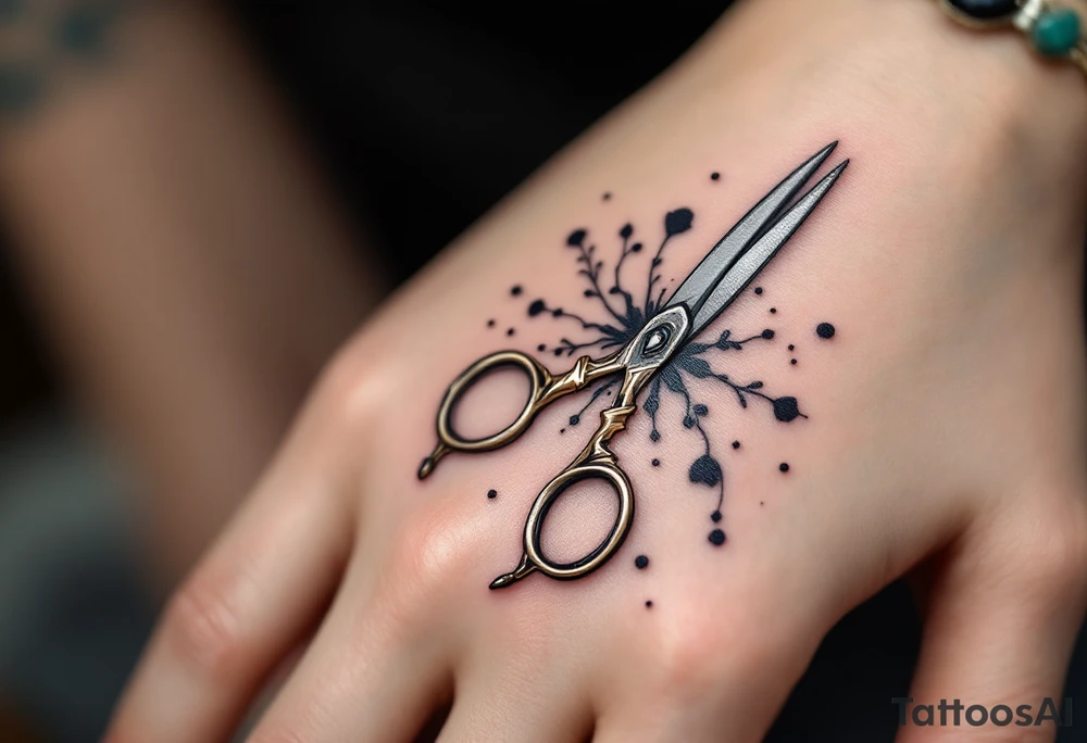 Tattoo Artist's Scissors Tattoo – A tattoo artist's tool—silver scissors with black ink spots scattered around them, incorporating dark gray and black tones, symbolizing the tools of the trade and creative expression. tattoo idea