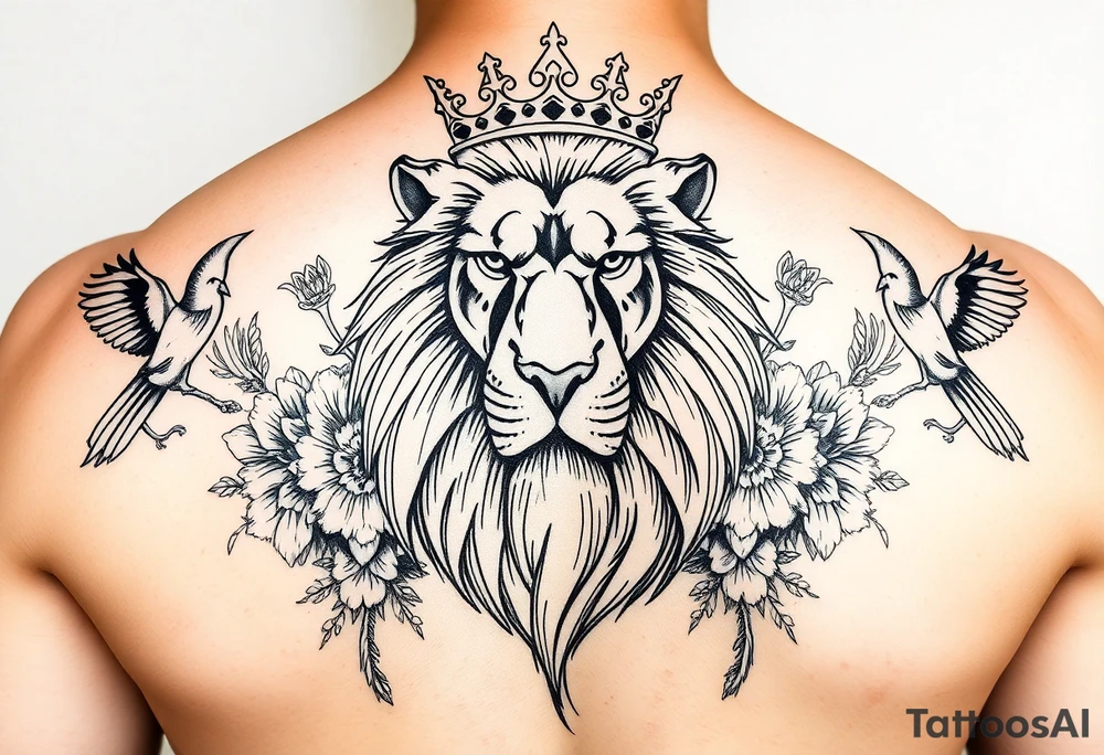 powerful majestic lion with a crown, surrounded by floral ornaments and birds tattoo idea