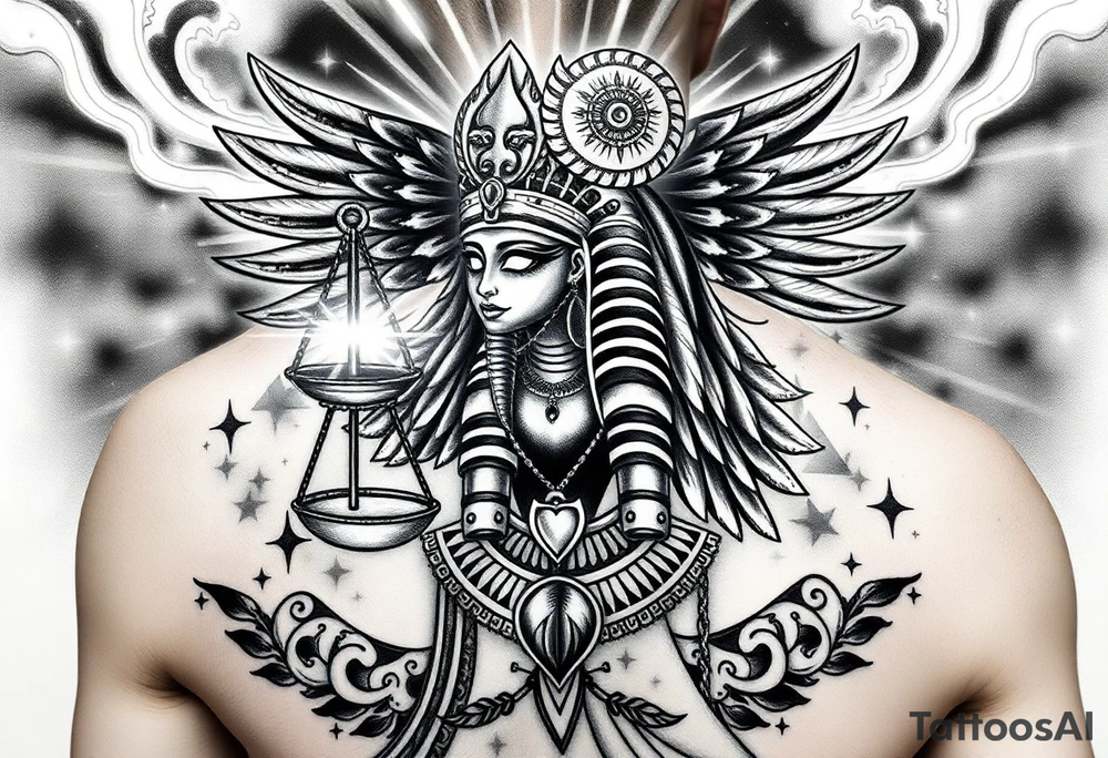 “Super realistic black and grey tattoo of the Egyptian goddess Ma’at, depicted as a regal woman with an ostrich feather headdress, intense glowing eyes, and intricate ancient Egyptian jewelry. She stands or floats amidst swirling cosmic energy and beams of light, with subtle hieroglyphics and pyramids in the background. Incorporate the Scales of Justice—one side holding a heart, the other Ma’at’s feather—glowing with ethereal energy. Emphasize dramatic lighting, deep shadows, and surreal, mystical atmosphere to match a sleeve with Anubis and cosmic motifs. Design should flow with existing sleeve art, using soft transitions and layered textures. tattoo idea