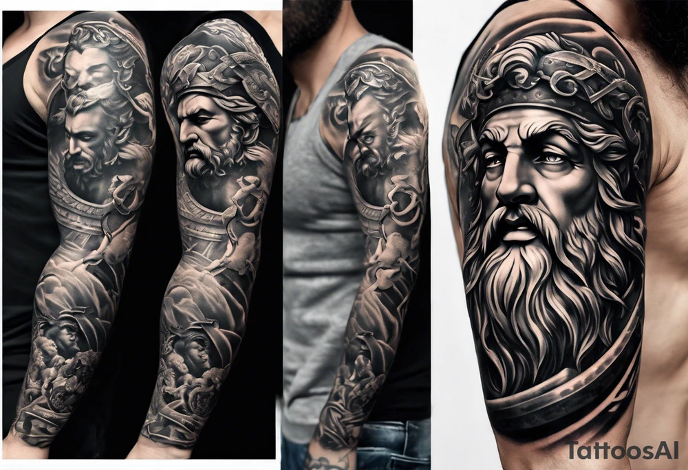 Greek mythology sleeve featuring Zeus with lighting bolts, medusa with snake head dress, a gladiator with the Roman coliseum background tattoo idea
