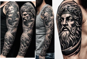 Greek mythology sleeve featuring Zeus with lighting bolts, medusa with snake head dress, a gladiator with the Roman coliseum background tattoo idea