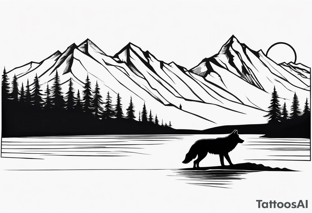 A lone wolf in front of a mountain range tattoo idea