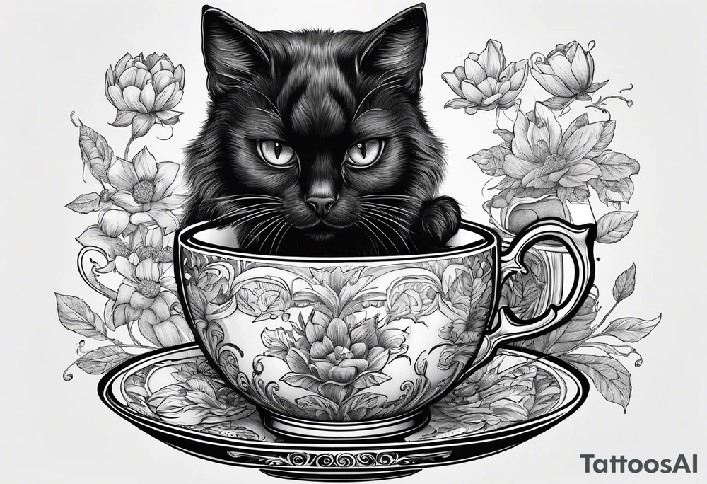 Black cat taking some tea in a wonderful cup tattoo idea