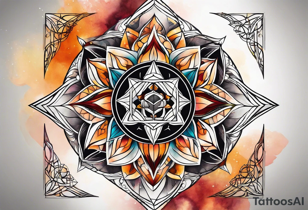 front knee tattoo with sacred geometry, swirls & washes, background and in fall colors tattoo idea