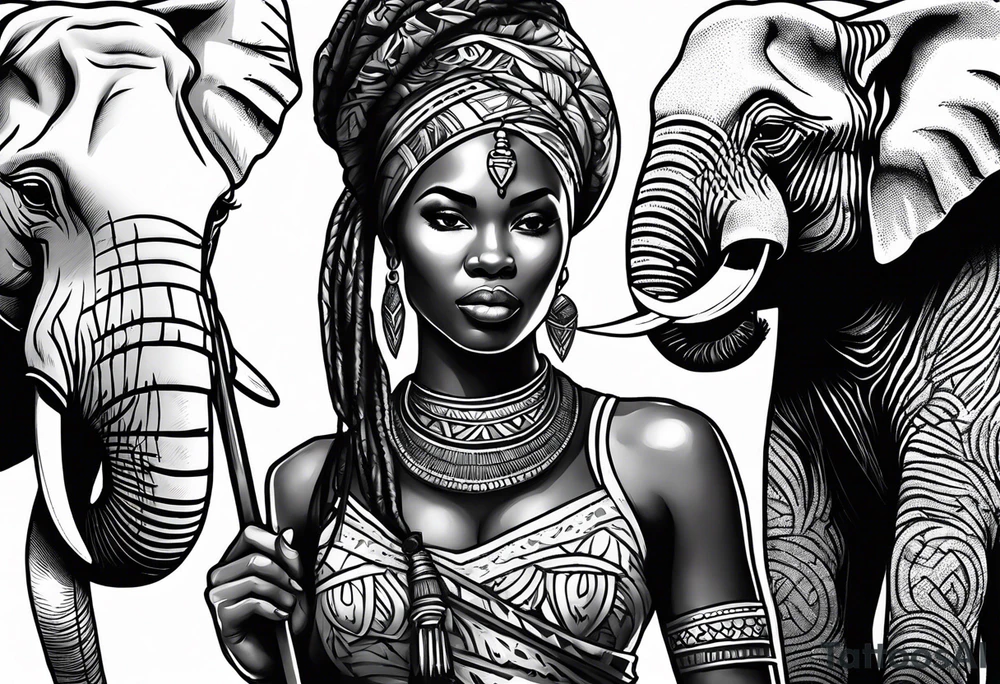 African woman warrior holding a spear with birds and elephants in the background tattoo idea