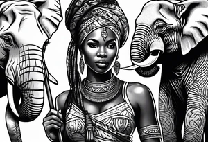 African woman warrior holding a spear with birds and elephants in the background tattoo idea