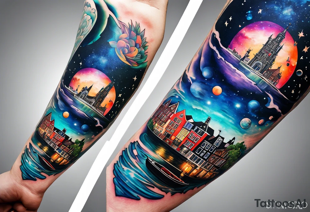 Tattoo of water in space featuring animals featuring Amsterdam buildings and canal in galaxy colours tattoo idea