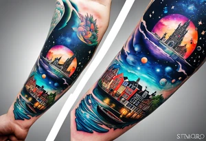 Tattoo of water in space featuring animals featuring Amsterdam buildings and canal in galaxy colours tattoo idea