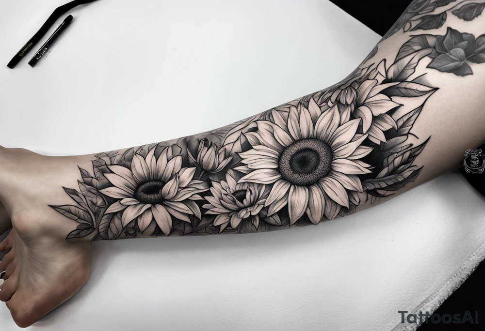 Leg sleeve with sunflowers and butterflies tattoo idea