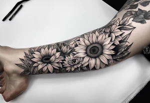Leg sleeve with sunflowers and butterflies tattoo idea