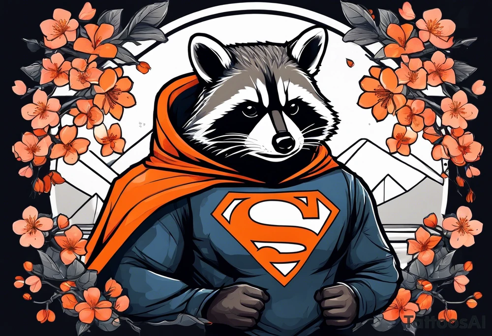 Raccoon wearing a white Superman logo on a black hoodie and orange Japanese cherry blossoms tattoo idea