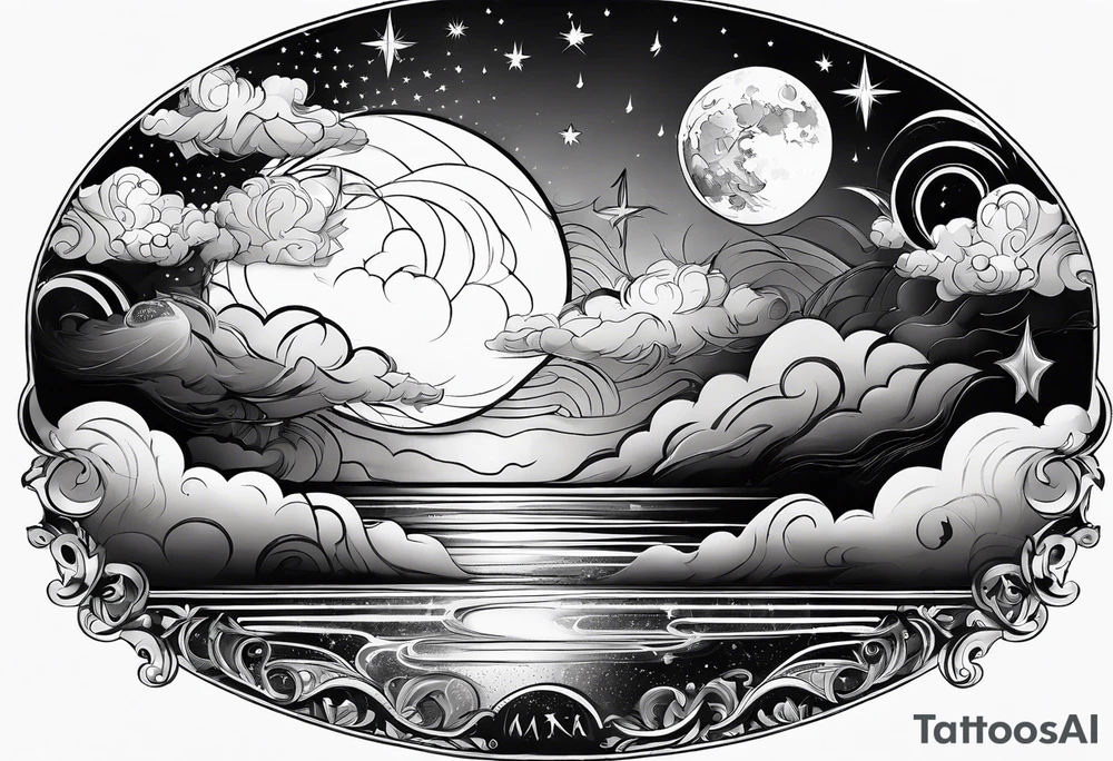 A bay wrapped in clouds and smoke with stars and sparkles and a moon tattoo idea