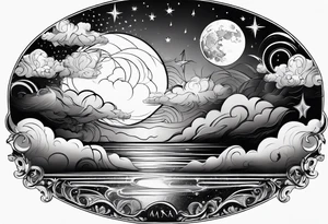 A bay wrapped in clouds and smoke with stars and sparkles and a moon tattoo idea