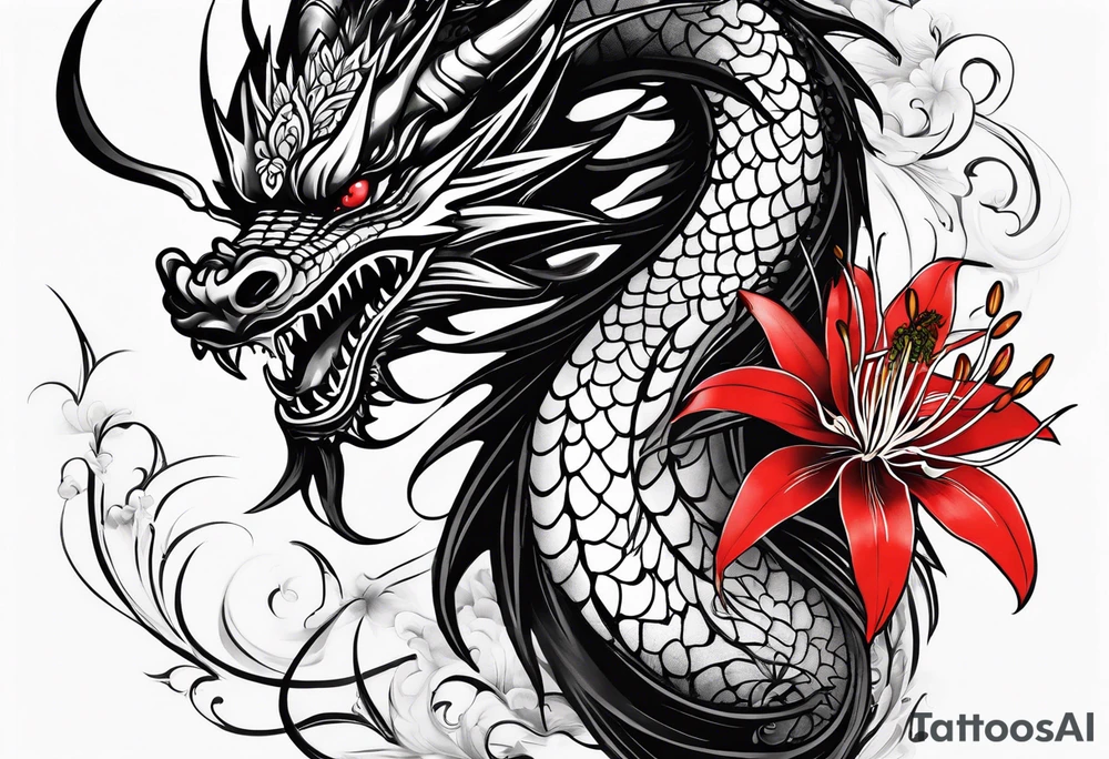 Black Dragon, 
Red Spider Lily, Arm tattoo tattoo idea
