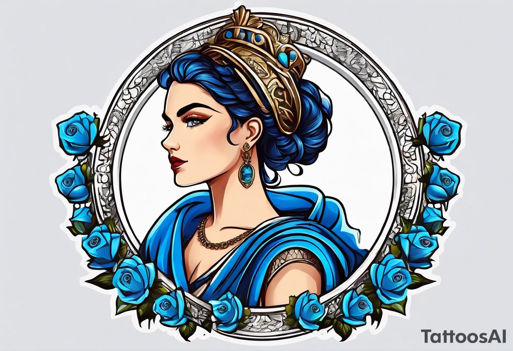 ancient rome clothes women, with scale in one hand blue rose frames, justicia tattoo idea