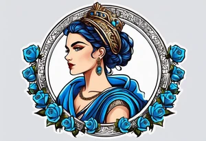 ancient rome clothes women, with scale in one hand blue rose frames, justicia tattoo idea