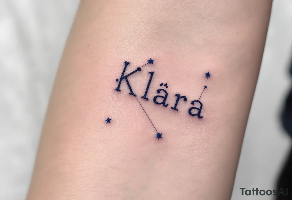 Star constellation style layout spelling "Klára – 3.1.2017 v 23:59", with subtle midnight blue dots. tattoo idea