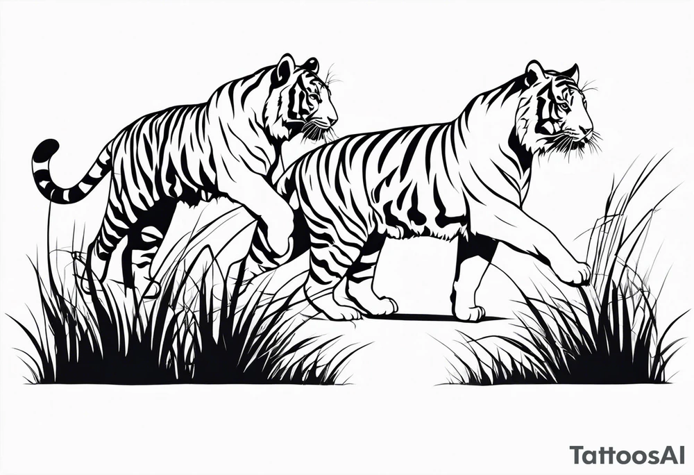 tigers stalking from behind grass tattoo idea