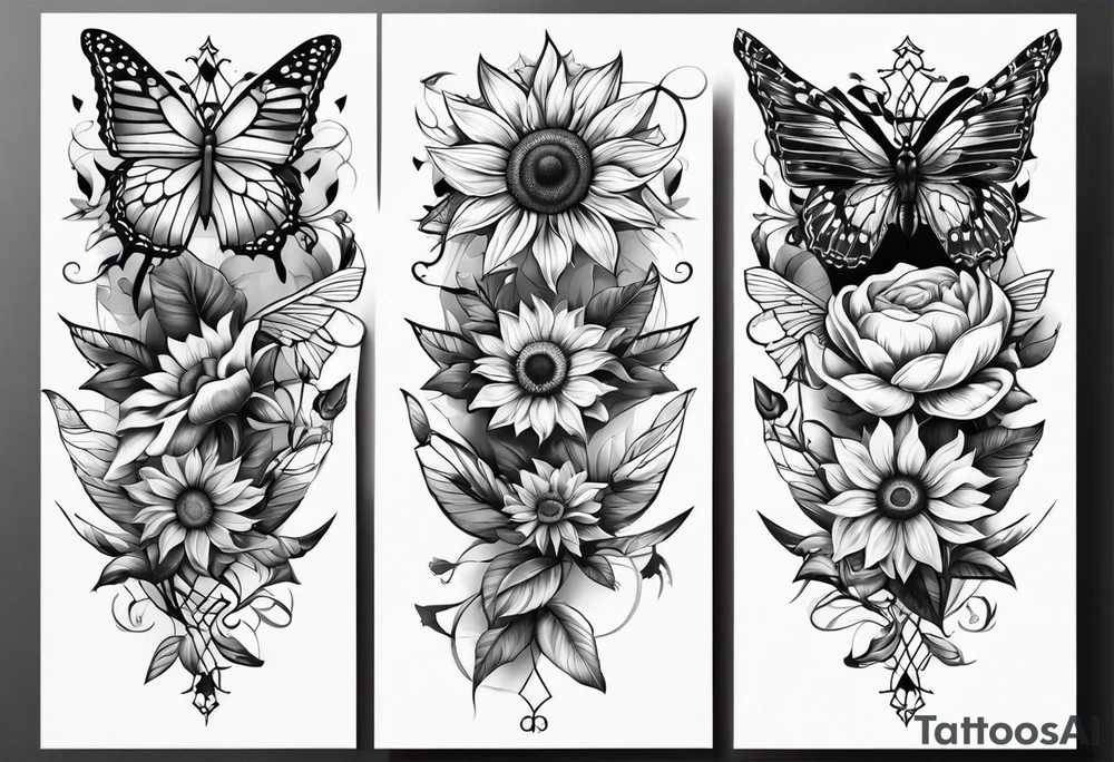 Arm sleeve with Winged cross with sunflower and butterflies tattoo idea