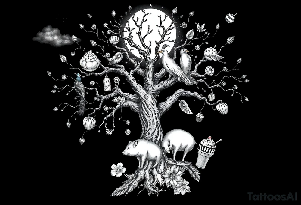 mystical tree  with cosmic  branches fat naked sexy woman , peacock , pig , cupcakes, sins,  Storm clouds, pig, peacock , fat sexy naked fat woman, cupcake, ice cream, hot dogs, shake, noose , money, goat lion, man sex toys pussy dicks, cigerette storm lightening, killing, darkness death, violent majestic creatures and penis and vagina tattoo idea