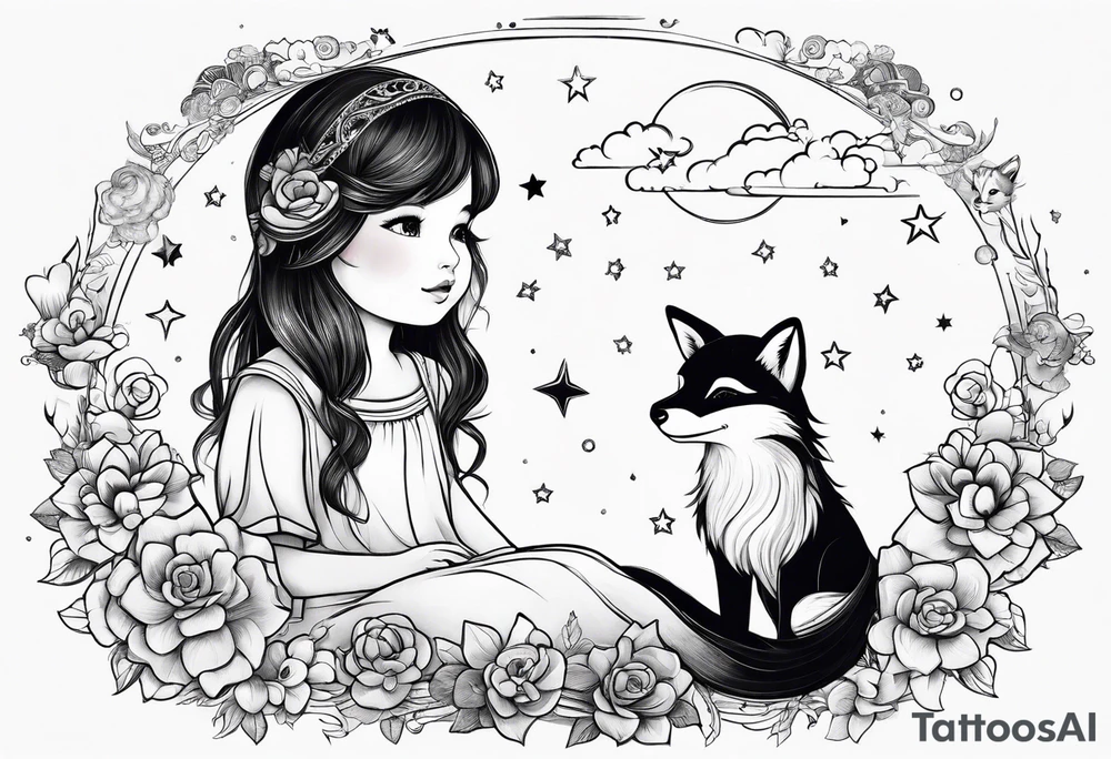 little girl with a fox sit on  a cloud and look at the stars tattoo idea