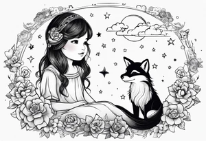 little girl with a fox sit on  a cloud and look at the stars tattoo idea