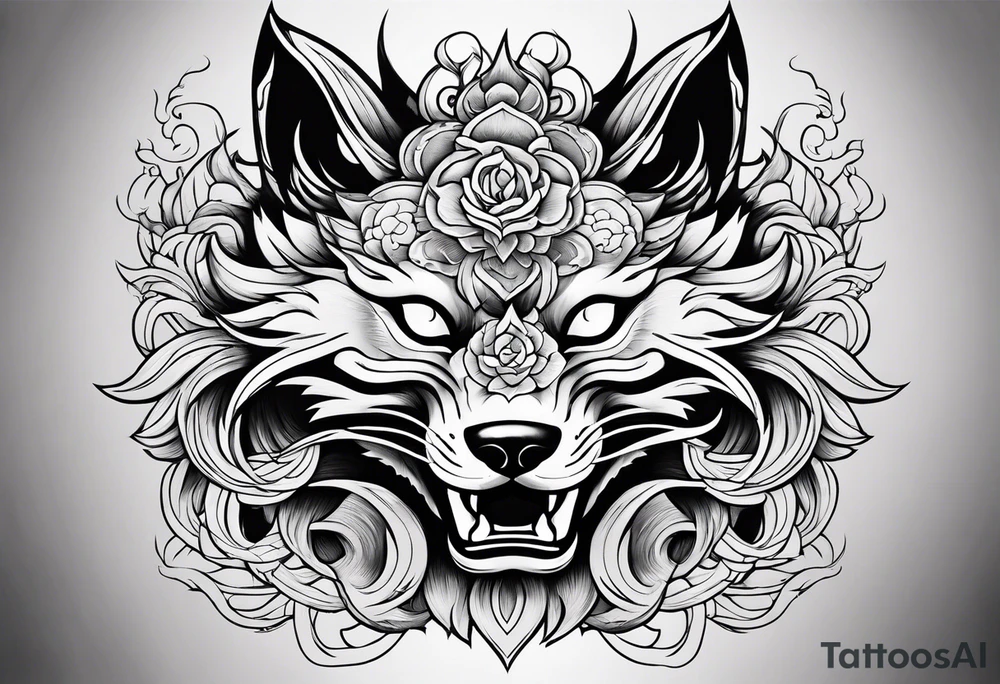 Split kitsune and oni mask head tattoo idea