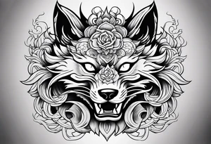 Split kitsune and oni mask head tattoo idea