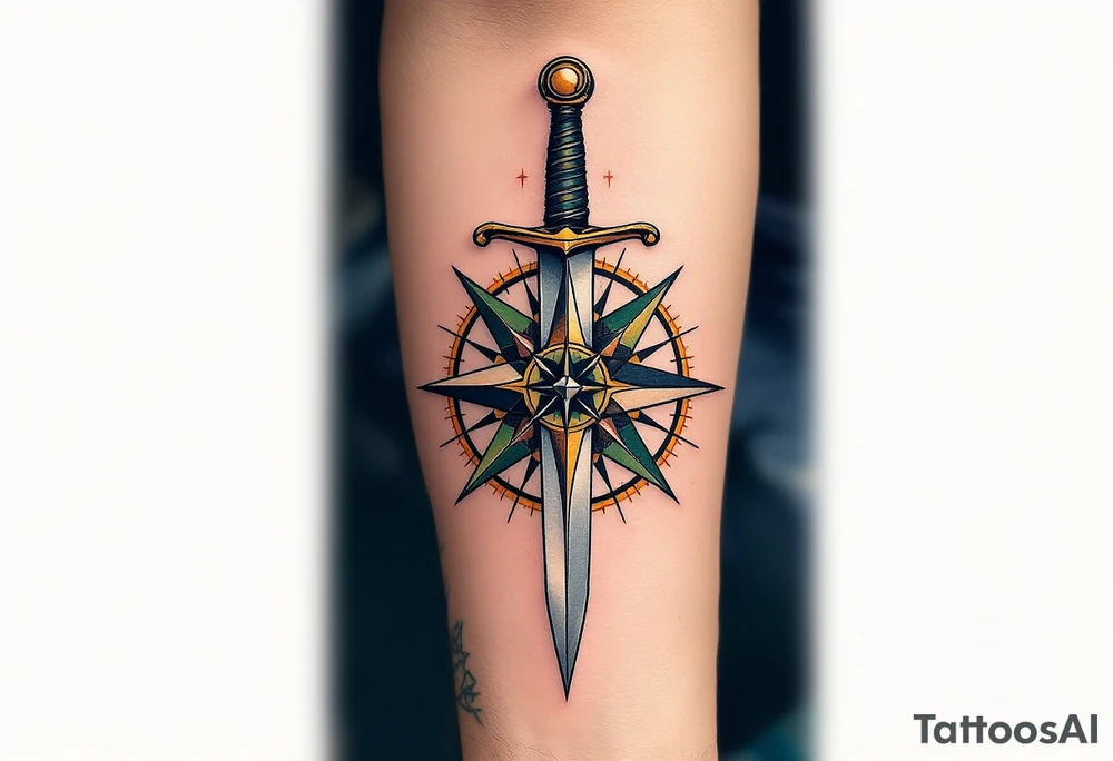 Compass and Dagger – A dagger piercing through a vintage compass, with the compass rose in gold and the dagger in silver with bold black lines for the details. The compass is surrounded by earthy browns and forest greens. tattoo idea