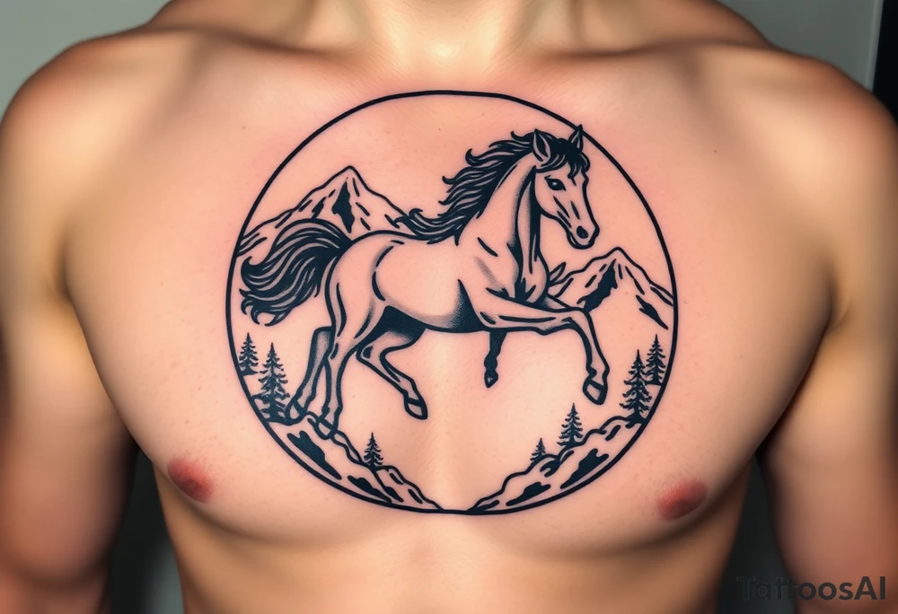 A golden mustang horse with black mane and legs, captured in motion inside a circle. The mountains and nature should frame the design, blending with the horse's black fur as a base to represent the landscape. Experiment with using the black fur to shape the mountains, playing with edges or interior details. tattoo idea