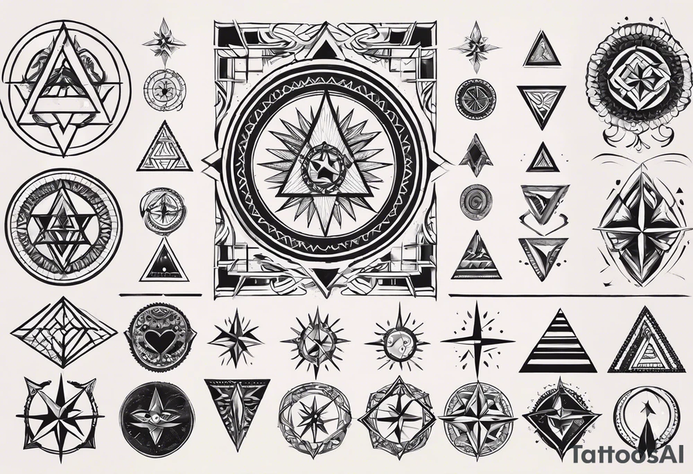 Fine line tattoo that will have three simple filled in shapes placed in a triangle formation. The top shape will be a geometric heart that symbolizes health. The bottom left will have a compass rose as a symbol for purpose. The bottom right will have three circles placed in a triangle formation to symbolize family. Tattoo should be minimalist with just the shapes filled in and no ornaments tattoo idea