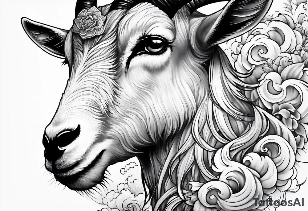 asian goat tattoo with japanese clouds tattoo idea