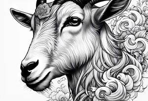 asian goat tattoo with japanese clouds tattoo idea
