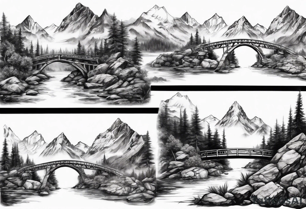 mountain landscape with a bridge connecting mountains tattoo idea